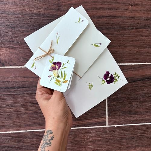 Image of PetalsByShweta, Pack of 6, A5 size pressed flower & watercolor painted letter writing papers & Envelopes with tags . White Kraft Paper Envelopes | Envelopes for cards | Pressed Flower Design | invitation writing paper | Thank you notes writing (Mogra white) (Mogra white)