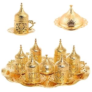 Alisveristime 6-Piece Set Turkish Espresso Coffee Cups with Saucer, Lid, Traditional Ottoman Tulip Motif (Multiple Color Variations) (Lale) (Gold)