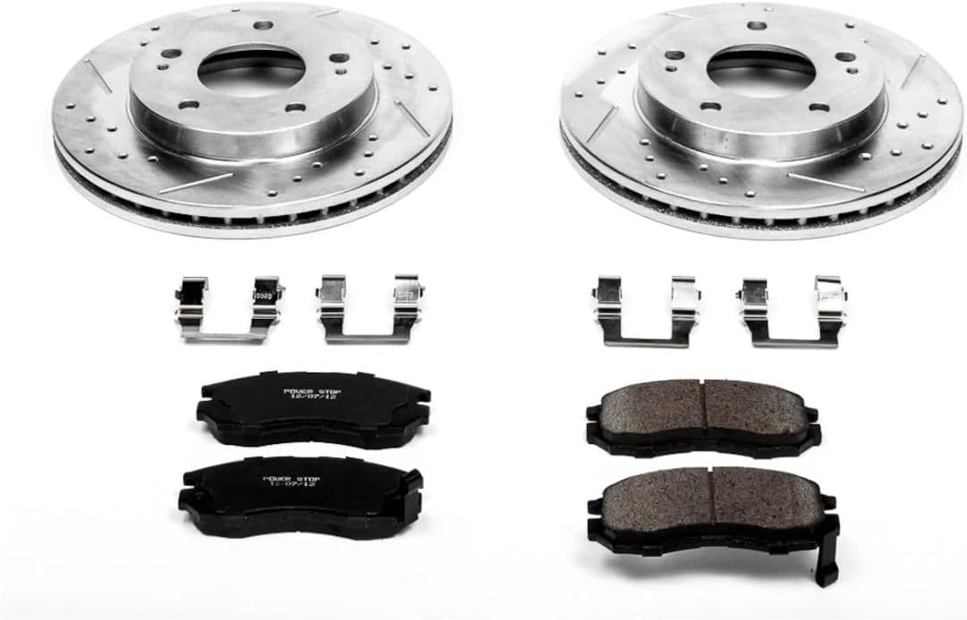 PowerStop Front Brake Kit For Chrysler Sebring 1995-05 |Dodge Avenger 1995-00 |Stratus 2001-05 |Eagle Talon 1990-98 - Drilled and Slotted Disc Rotors with Ceramic Brake Pads Replacement, K681