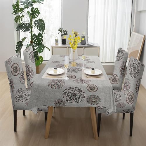 Image of Amazon Basics Dining Table Cover with 6 Chair Covers|Table Cover: 100% Polyester Woven Fabric 140 GSM, 220Cm X 140Cm|Chair Cover: 95% Polyester & 5% Spandex 110 GSM, 50Cm X 40Cm|Grey, Rectangular