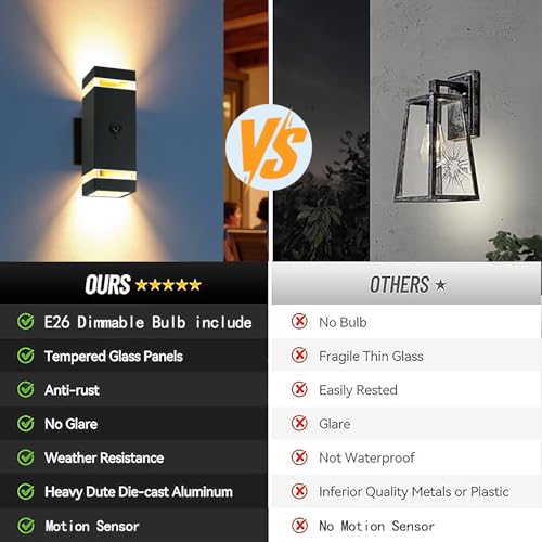 Image of Motion Sensor Outdoor Wall Lights, Dusk to Dawn Exterior Sconce, Black Aluminum Waterproof Porch Light Fixtures with GU10 LED Bulbs, Modern Wall Mount Lighting for House Garage, ETL Listed