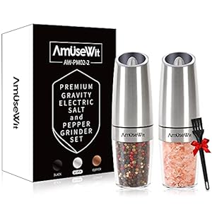 Gravity Salt and Pepper Mill Set – Battery Operated Automatic Salt and Pepper Mills,Adjustable Coarseness,One-Handed Operation,Utility Brush,Stainless Steel by AmuseWit