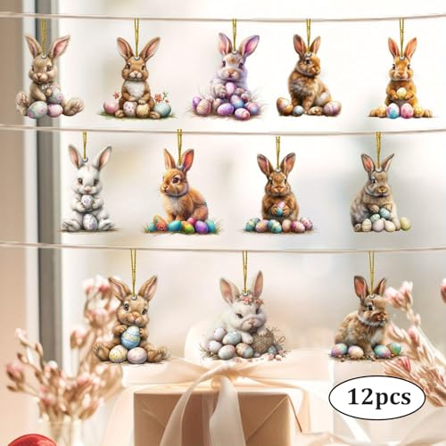 BSITSSS 12 Stück Osteranhänger, Osterhasen Anhänger Deko zum Aufhängen 12 Stil, Ostereier und Hasen Osterdekoration mit Schnur für Frühling Ostern Deko Hängend DIY