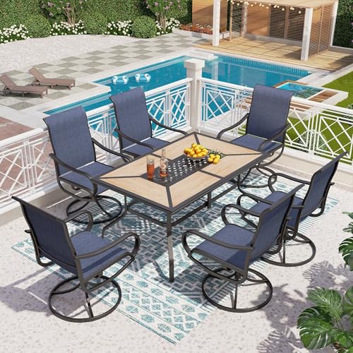 Image of PHI VILLA 7 Piece Patio Dining Set, 6 Swivel Patio Chairs with Textilene Mesh Fabric & Rectangular Wooden-Like Dining Table(1.6 inch Umbrella Hole), All Weather Patio Chairs and Table Set for Deck (Blue)