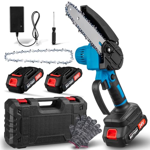 Mini Motosierra Batería, Motosierra de Mano de 6 Pulgadas, Motosierra Inalámbrica Portátil de 21V, con Cadena, Bloqueo de Seguridad y Batería de 2 * 2000mAh, para Podar Árboles de Jardinería
