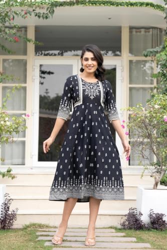 Image of Juniper Black Floral Printed Cotton Dress with Thread Work