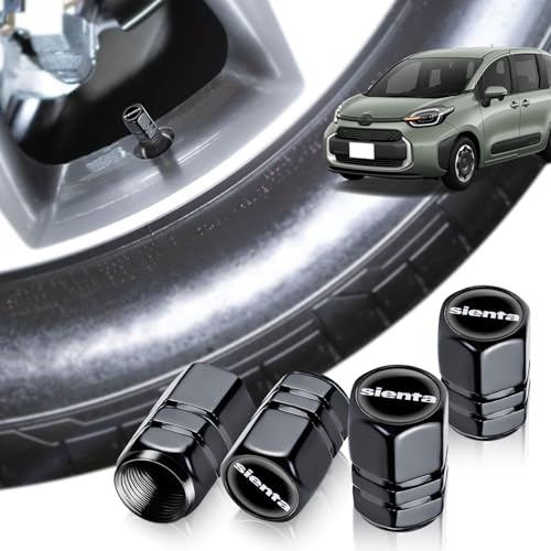 HUDIY【シエンタ10系専用 エアバルブキャップ】 アルミ製バルブキャップ 4個セット 車種別ロゴ シリコン密封リングで空気漏れ防止 防錆 防塵 キャップ 純正互換 軽量耐久 六角 ホイール アクセサリー 車 メンテナンス 部品 (ブラック)