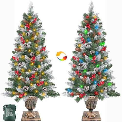 2 Pack 4 FT Snowy Artificial Potted Christmas Tree with
