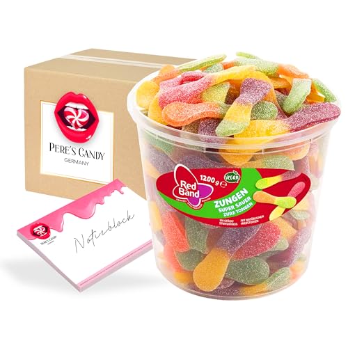 Peres Candy Bundle für Red Band Fruchtgummi Dosen Zungen Super Sauer 1200g | Pilze Schnuller & Mehr + Peres Candy Notepad DIN A7-25 Blatt