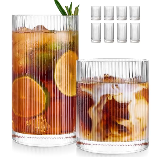 Ribbed Glass Cups Set of 8 - 4 Large Capacity Highball Glasses 17oz, 4 Rocks Glass Cups 12oz,...