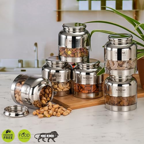 Image of Serene Stainless Steel Exotic See-Through Jar | Airtight Jars for Kitchen Storage | Premium Steel Jars with One Turn Lock Lid | Transparent Stainless Steel Containers | 650ML | 6 PC