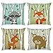 Bonhause Poszewki na poduszki ze zwierzętami leśnymi 4 x 18 cali, zestaw 4 jeleń, lis brzoza, dekoracyjne poszewki na poduszki, poliester, lniane poszewki na poduszki, na sofę, do sypialni dla dzieci, do wewnątrz, na zewnątrz, dekoracja, 45 cm x 45 cm