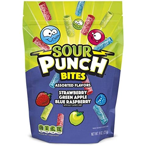 Sour Punch Bites, Blue Raspberry, Apple & Strawberry Flavors, Soft & Chewy Candy, 9oz Bag (12 Pack) Cover