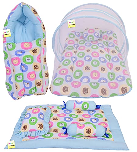 Image of Kwitchy New Born Baby Bedding Combo of Mattress with Net | 4 Pcs Gadda Set (0-6 Months) Blue (3PCS Set)