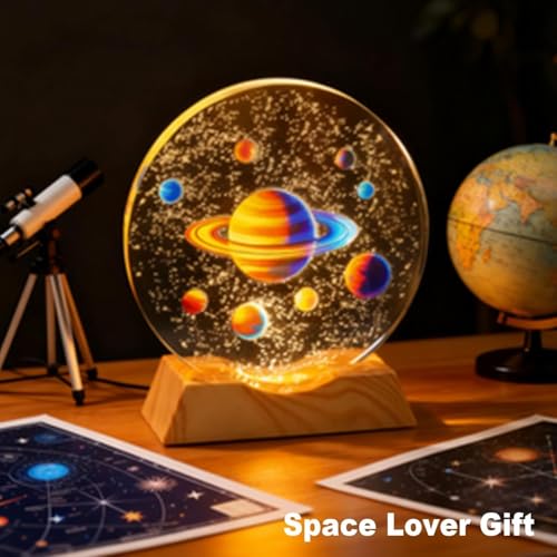 Image of 3D Acrylic Planets Crystal Ball Night Lamp with Wooden Base | Space Theme Saturn Light | Warm Light Table Lamp for Home Decor, Bedroom & Gifts | Aesthetic Night Light for Kids & Adults