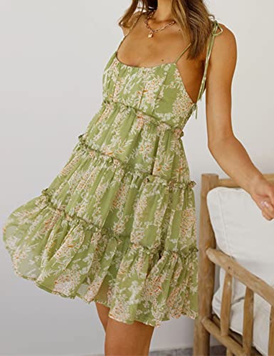 Image of Mansy Womens 2026 Summer Floral Mini Dress Boho Flowy Skater Dresses Short Sleeveless Ruffle Spaghetti Strap Dress