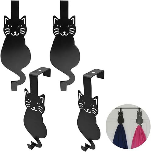 Miniatura 1 de Evelots Paquete de 4 ganchos para colgar sobre la puerta, abrigo, chaqueta, soporte para toallas, forma de gato gatito, plancha negra, cada uno