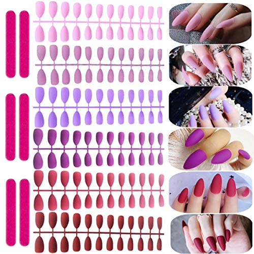 editTime 6sets/144pcs Solid Colors Matte Acrylic Stiletto False Nails Full Cover Almond Fake Nails Tips Natural Medium Claw Nails Tips with a 6pcs Nail Files (Stiletto False Nails, Red Series)