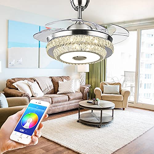 42Inch Bluetooth Crystal Ceiling Fan Lights With Music Player And Remote Control Chandelier, Retractable Blades Fandelier With 3 Speed 7 Color Dimmable Led Kit Included #TOP3
