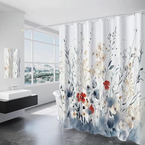 Tenda Da Doccia Con Fiori In Stile Country,Tenda Da Bagno Impermeabile 180 Cm Di Caduta,Tende Per Vasca Da Bagno,Tenda Da Bagno Con Piante Ad Acquerello 3D Hd Con Ganci - Tenda Da Doccia Di Caduta