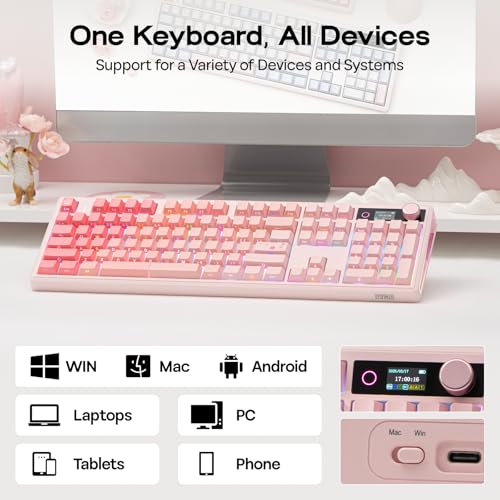 Image of EPOMAKER TH108 V2 PRO Full-Size Mechanical Keyboard with Screen & Knob, 10000mAh, BT /2.4GHz, Mac Modifier PBT Keycap, Hot-Swap, RGB, Gasket, Wireless Gaming Keyboard (Pink, Creamy Jade)