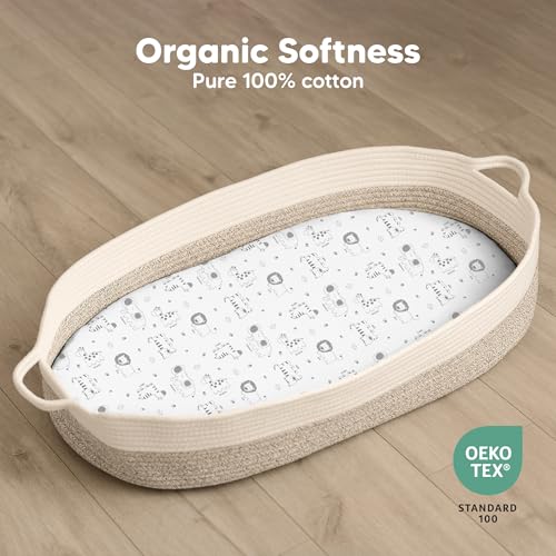 Image of 2-Pack Organic Bassinet Sheets for Girls, Boys - 100% Cotton Bassinet Mattress Sheets Compatible with Halo Bassinest Swivel Sleeper, Graco, Baby Delight, Chicco, Fitted Bassinet Sheets (KeaSafari)