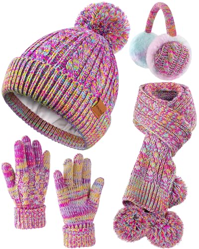HONGTEYA Kids Winter Hat Scarf Gloves Set Childrens Warm Knit Fleece Lined (Rainbow 2 3-8 Years)