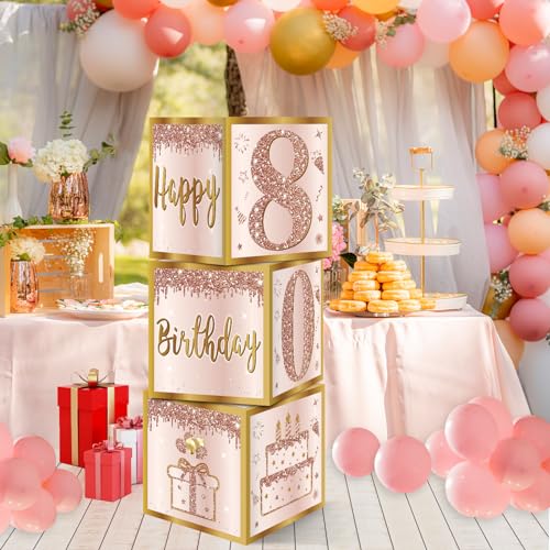 Image of Guiruiy 3Pcs 80th Birthday Decorations Boxes for Women, Pink Rose Gold 80th Birthday Balloons Boxes Party Supplies, Pink Eighty Year Old Bay Theme Cardboard Box Decor