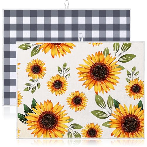 Image of Domensi 2 Pack Yellow Sunflower Microfiber Dish Drying Mat Absorbent Reusable Washable Extra Large Kitchen Counter Draining Mat Black Gingham Pad for Coffee Bar Kitchen Decor 18x24 Inch
