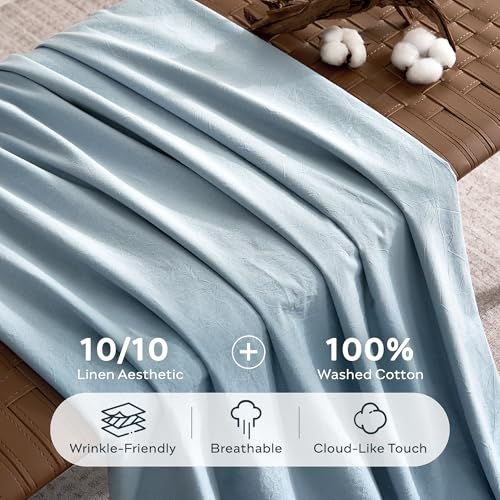 Image of JELLYMONI 100% Washed Cotton Duvet Cover Twin - Soft, Breathable Linen-Look Bedding with Natural Wrinkle Texture, Button Closure, 2-Piece Set (Mist Blue, 68 inchx90 inch)