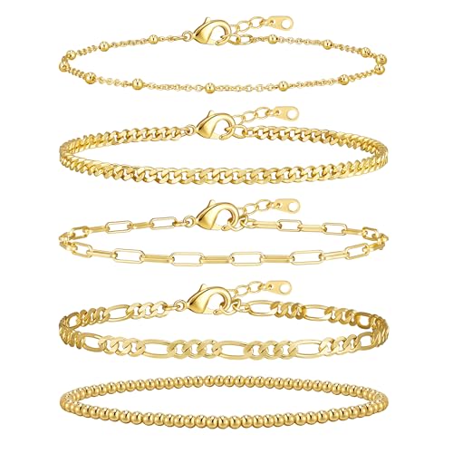 adoyi Gold Bracelets for Women, 14K Gold Plated Stackable Bracelet Stack Set Adjustable Charm...