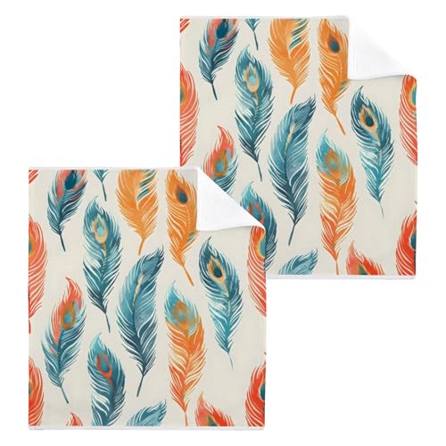ALAZA Wash Cloth Set 100% Cotton Fingertip Towels Face Cloths Sets Peacock Feather Highly Absorbent Soft Feel Set of 2