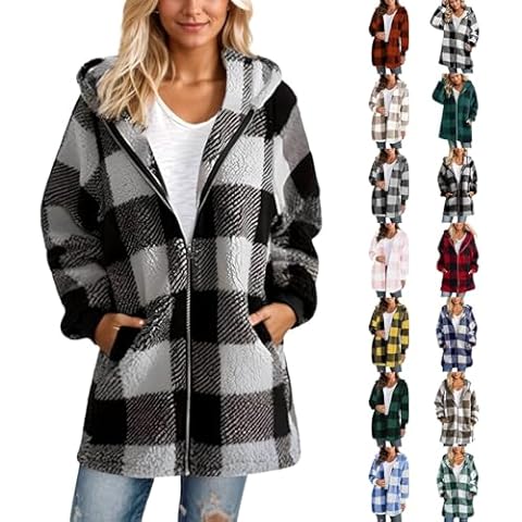 PETYCZEN Fleece Jacket Women 2024 Winter Fuzzy Sherpa Lined Zip Up Plaid Jacket with Hood Warm Fluffy Plus Size Teddy Coats Long Sleeve Open Front Sweater Cardigan Jakcet with Pockets A-Gray Large Cover