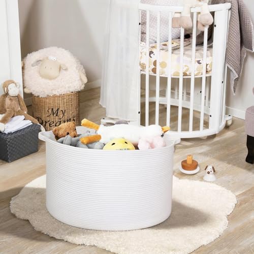 Image of MEGASKET White Cotton Rope Storage Basket, 22 inch X 22 inch X 14 inch Extra Large Blanket Storage Living Room, XL Soft Toy Bin for Organizing, Woven Baby Laundry Basket with Handle, White Wicker Hamper Nursery