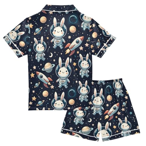 ALAZA Cute Bunny Spaceship Space Starry Pajamas Satin Pajama Set Short Sleeve Button Down Sleepwear2