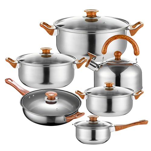 Retoo Topfset Edelstahl 12-teilig, Kochtopfset mit Glasdeckel & braunen Griffen, Töpfe Pfanne Wasserkessel Stieltopf, Spülmaschinenfest für Gas & Ceranfeld