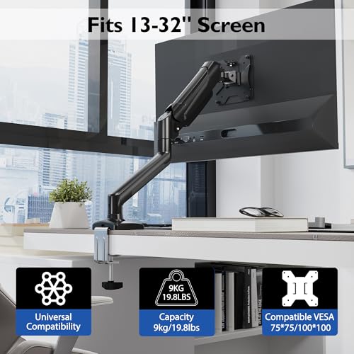 BONTEC Monitor Halterung für 13-32 Zoll Monitore 3-9 kg, VESA 75/100mm, Gasdruckfeder Arm, Ergonomischer Bildschirmhalterung, Schwenkbar, Neigbar, Dreht