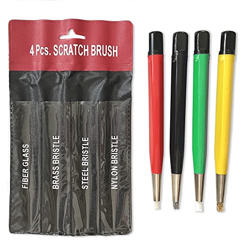 Pixiss Scratch Brush Pen Set, Fiberglass, Steel, Brass, Nylon, 5-inches Pen Style Prep Sanding Brush 4-Pack for Removing Corrosion and Rust, Jewelry, Electrical Circuit Boards and Auto Body Work