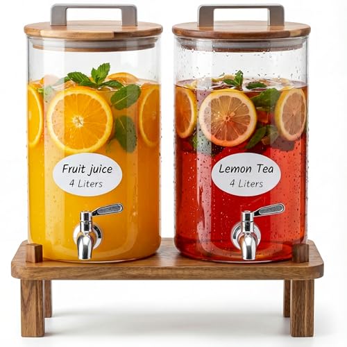 ‌MerryNine 2Stück 4 Liter Glas Getränkespender mit Holzständer, Borosilikatglas Wasserspender,...