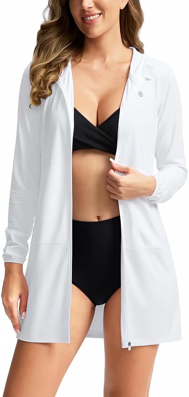 Womens UPF 50 Swim Cover Up Sun Protection Hoodie Long Jacket SPF Lightweight Beach Cover Ups for Women