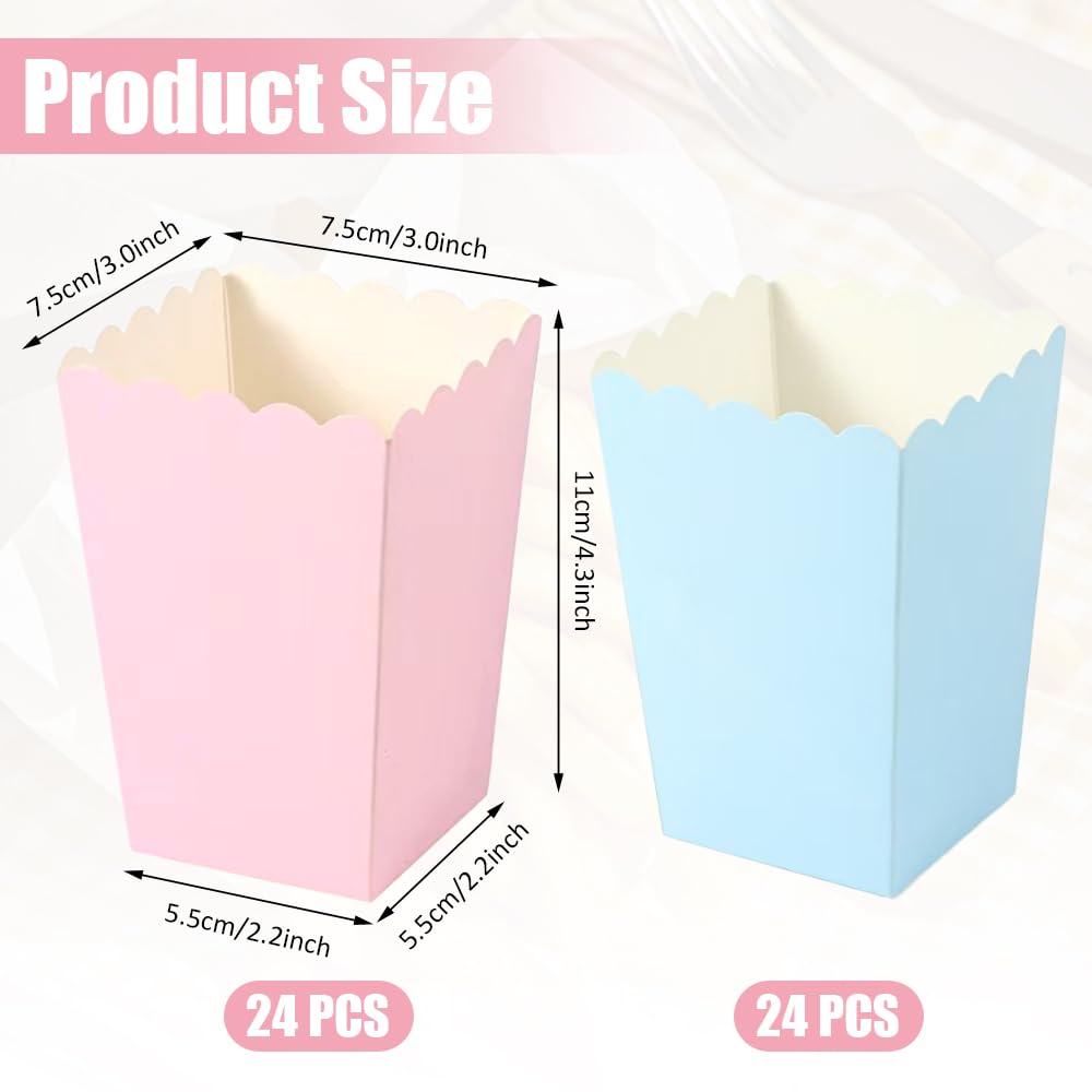 48 Piezas Cajas Palomitas de Cartón Reforzado Resistentes 5.5 x 7.5 x 11cm Bolsas de Palomitas de Maíz Apertura Ondulada para Cine en Casa, Cumpleaños, Baby Shower y Fiestas Temáticas (Azul, Rosa)