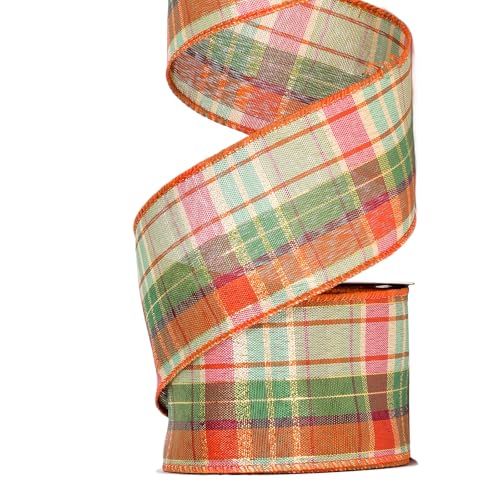 Ribest Fall Ribbon Wired 2-1/2 Inch x 10 Yards Fall Bulap Plaid Ribbon Wired for Wreaths Bows Crafts Decoration Gift Wrapping Green/Orange/Red