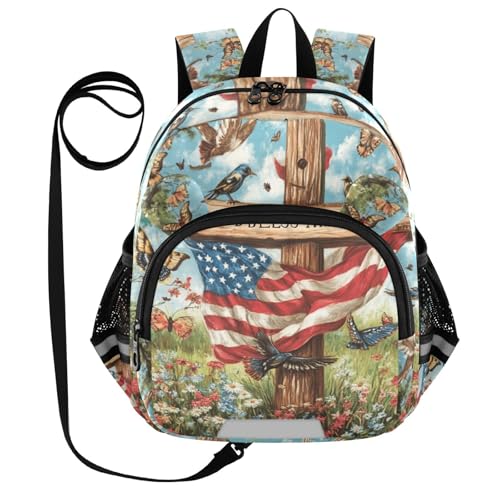 USA Flag Birds Flowers Toddler Harness Backpack for Boys Girls 3-6 Years Kids Backpack with Anti Lost Safety Leash Baby Harness Bookbag for Preschool Walking Travel