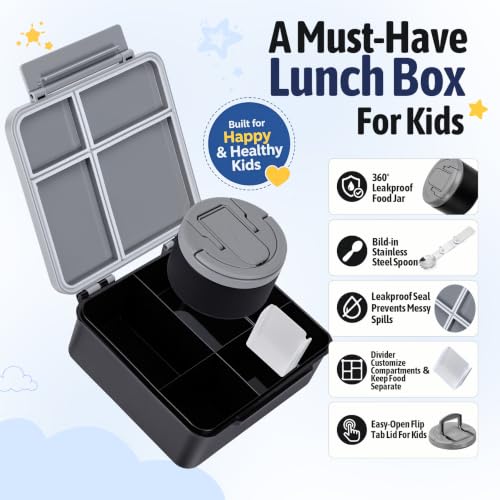 Image of MAXSO Bento Lunch Box Set for Kids with 8 oz Soup Thermo, Leakproof Hot Food Container with 4 Compartments, Insulated Food Jar for Toddler Daycare Boys Girls School - Black