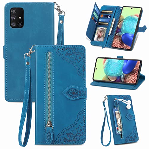 Furiet Compatible with Samsung Galaxy A71 4G Wallet Case with Wrist Strap Lanyard and Leather Flip Card Holder Stand Cell Accessories Folio Purse Credit ID Phone Cover for A 71 71A S71 A715F Blue
