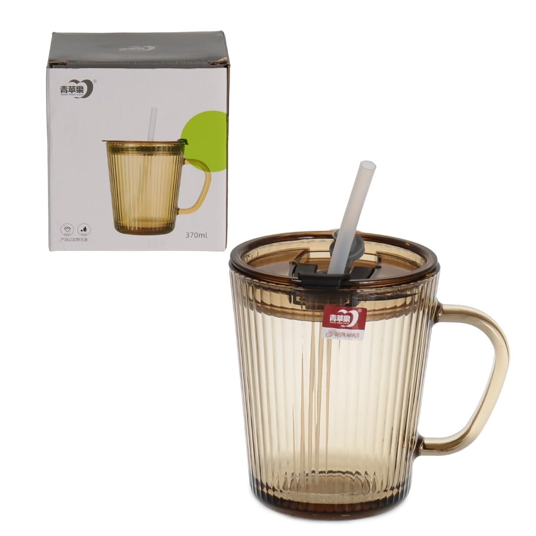 Kapaklı Pipetli Cam Kupa Bardak Çay Kahve Meşrubat Tatlı Bardağı Kahverengi 370 ml
