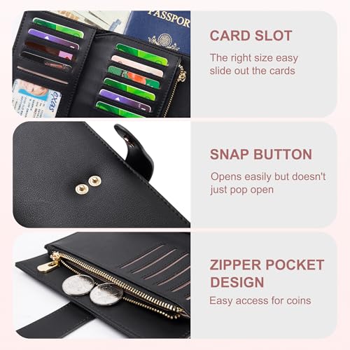 Image of yiijay Womens RFID Blocking Vegan Leather Trifold Clutch Credit Card Holder Ladies Travel Wallet Purse with Pen Holder, Black
