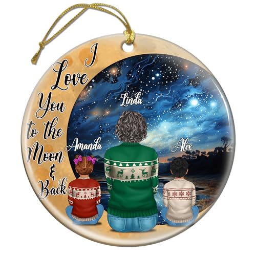 I Love You to The Moon and Back Personalized Round Ornament Christmas Custom with Name Kids Decorations Ceramic Ornaments Home Xmas Tree Gifts for Grandma Mom Mothers Family