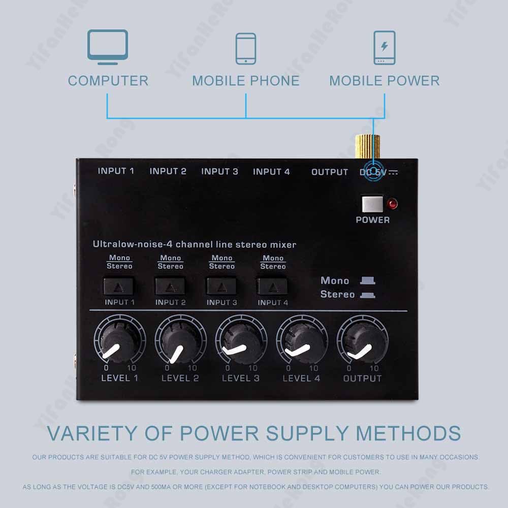 Mixer audio, Mini Mixer a Basso Rumore 4 Canali Console di Missaggio for Chitarra Elettrica Batteria Pianoforte