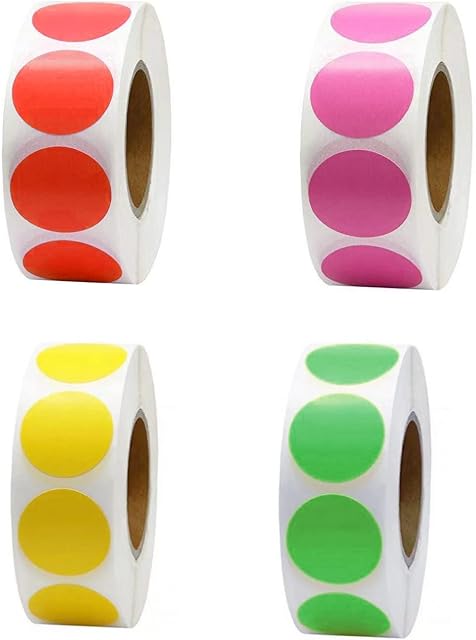 2000 Pcs Dot Stickers, 4 Rolls 25mm Coloured Circle Stickers Removable Color Coding Dot Labels for Office Scrapbooking Gift Bags Envelop, 500 Pieces/Roll, 4 Colors
